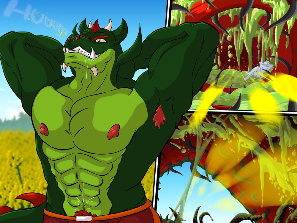 Razhen, a muscular anthro dragon, puts his arms behind his head and inhales some air in a field during a Breezy day, the pollen of the flowers traversing through his nostrils filled with mucus. Inside, a tiny furry relaxes against his nostrils.