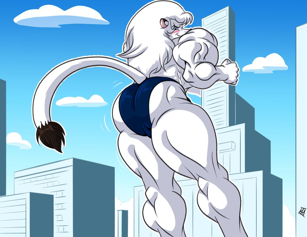 Leo, an anthro lion mascot for the Japanese Saitama Seibu Lions baseball team, finds himself gigantic and muscular, wearing only a tight blue speedo, he holds on to a skyscraper like a makeshift stripper pole and bends over, showing off his ass to the whole city below.