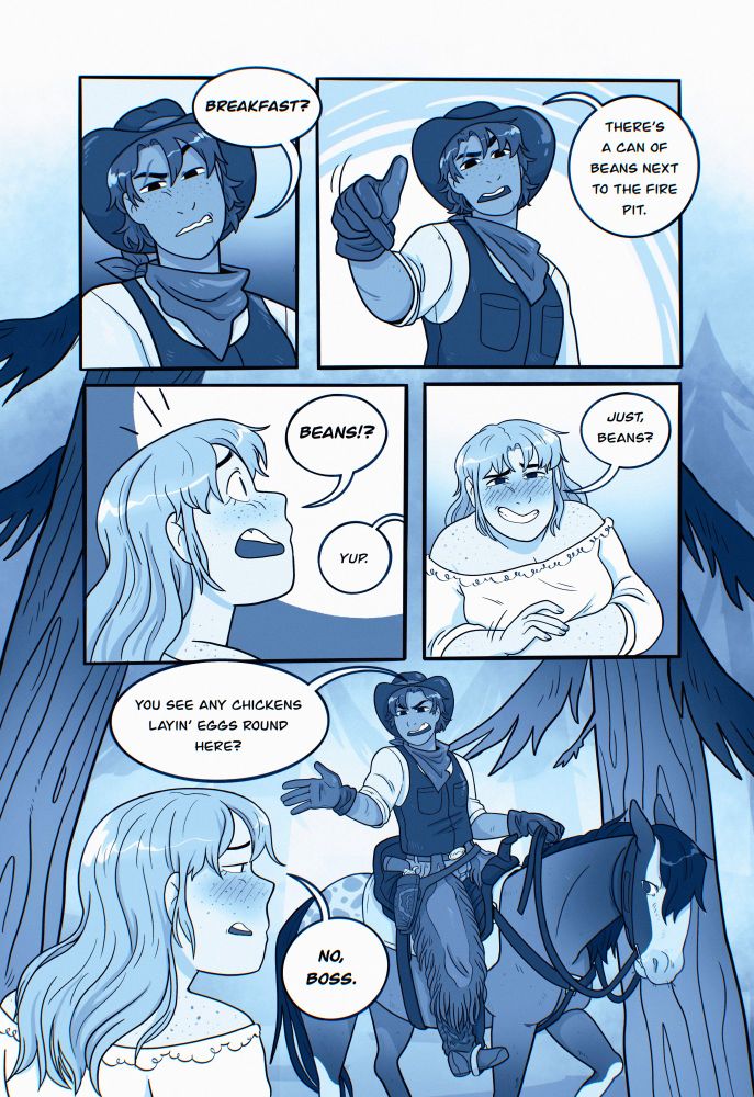 comic page featuring a girl being told she only gets beans for breakfast. blue tones