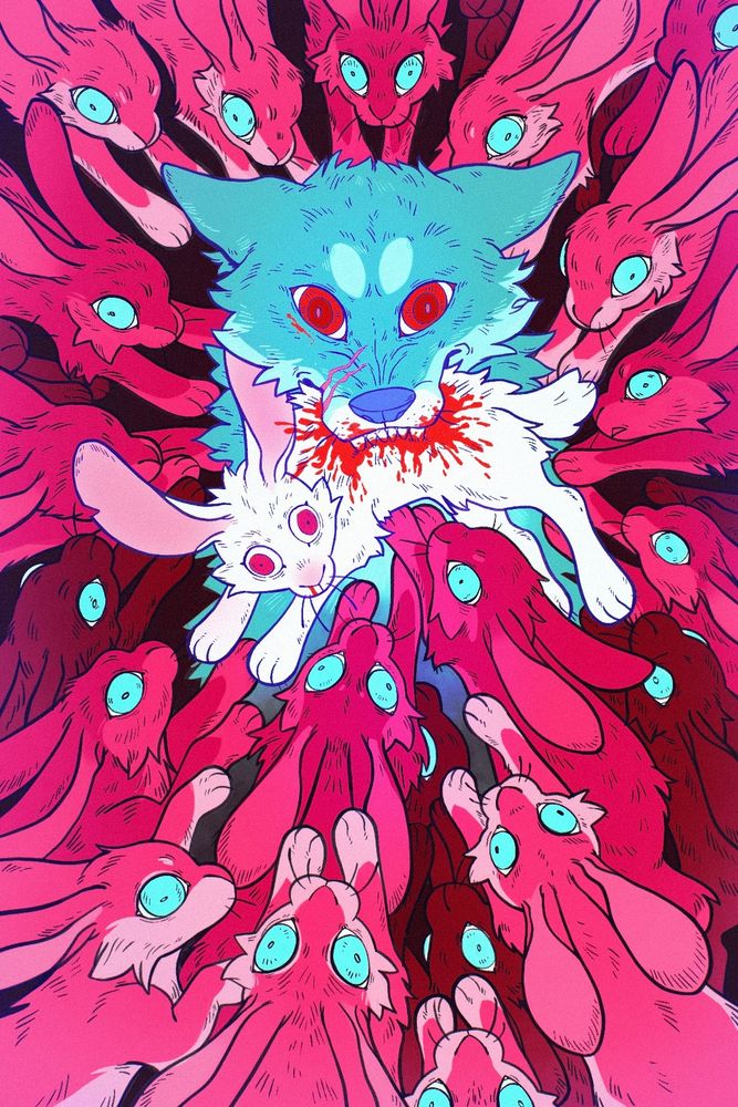 wolf biting down on a white rabbit surrounded by rabbits with blue eyes