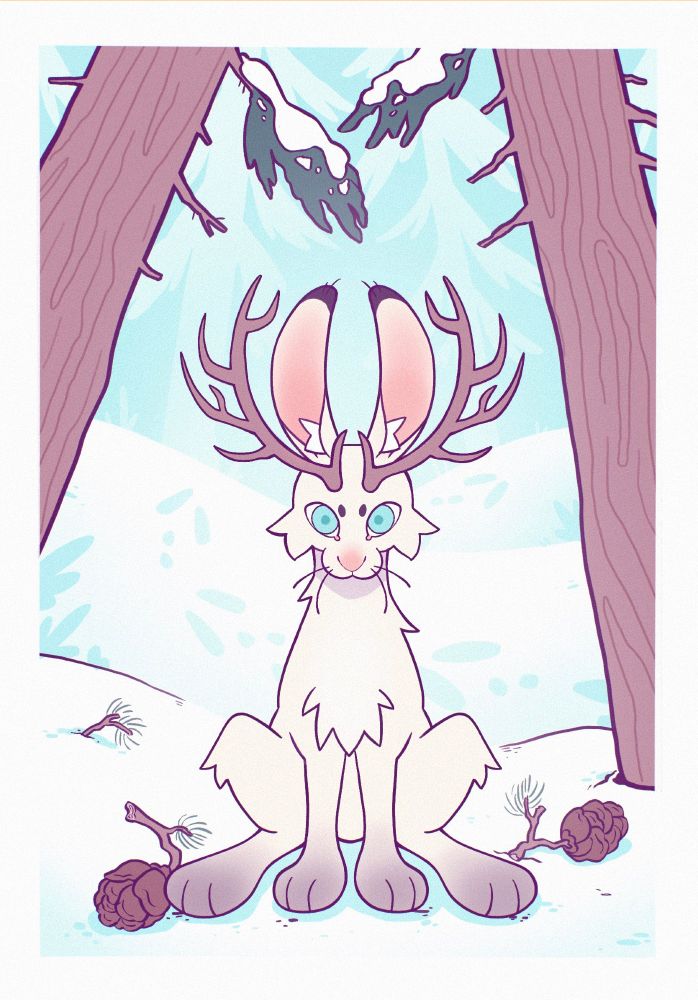 Snowshoe Hare Jackalope with brown antlers sitting in the snow surrounded by pine trees and pine cones on the ground