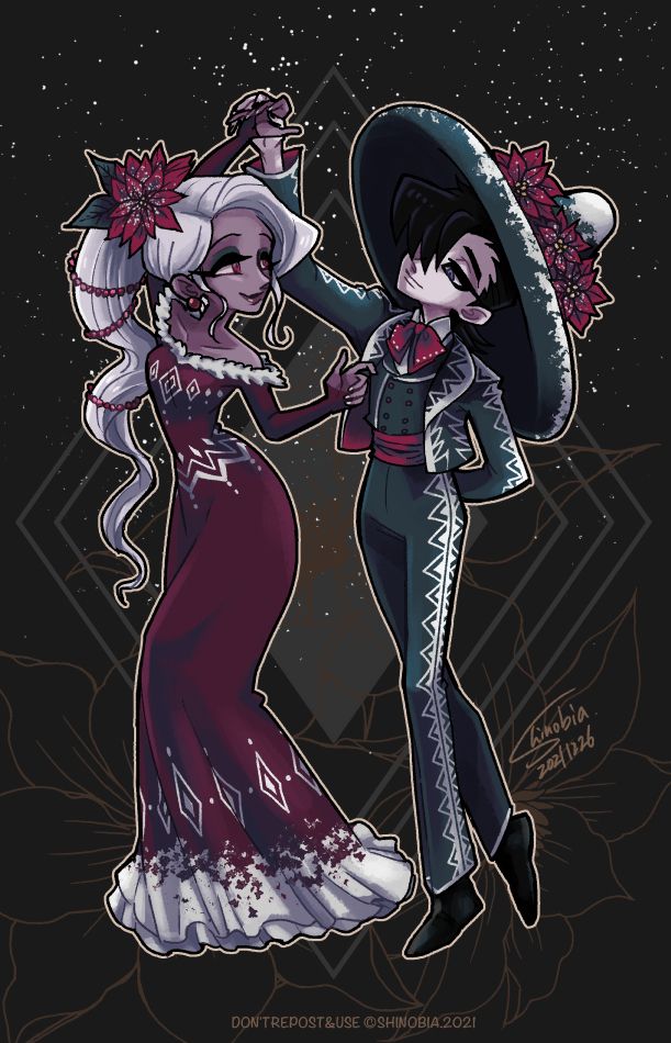 向かって左の女性（エステラ）は、クリスマスオーナメントをイメージした赤いドレスを着ています。
右の男性（サイモン）は、クリスマスツリーをイメージしたマリアッチ衣装を着ています。