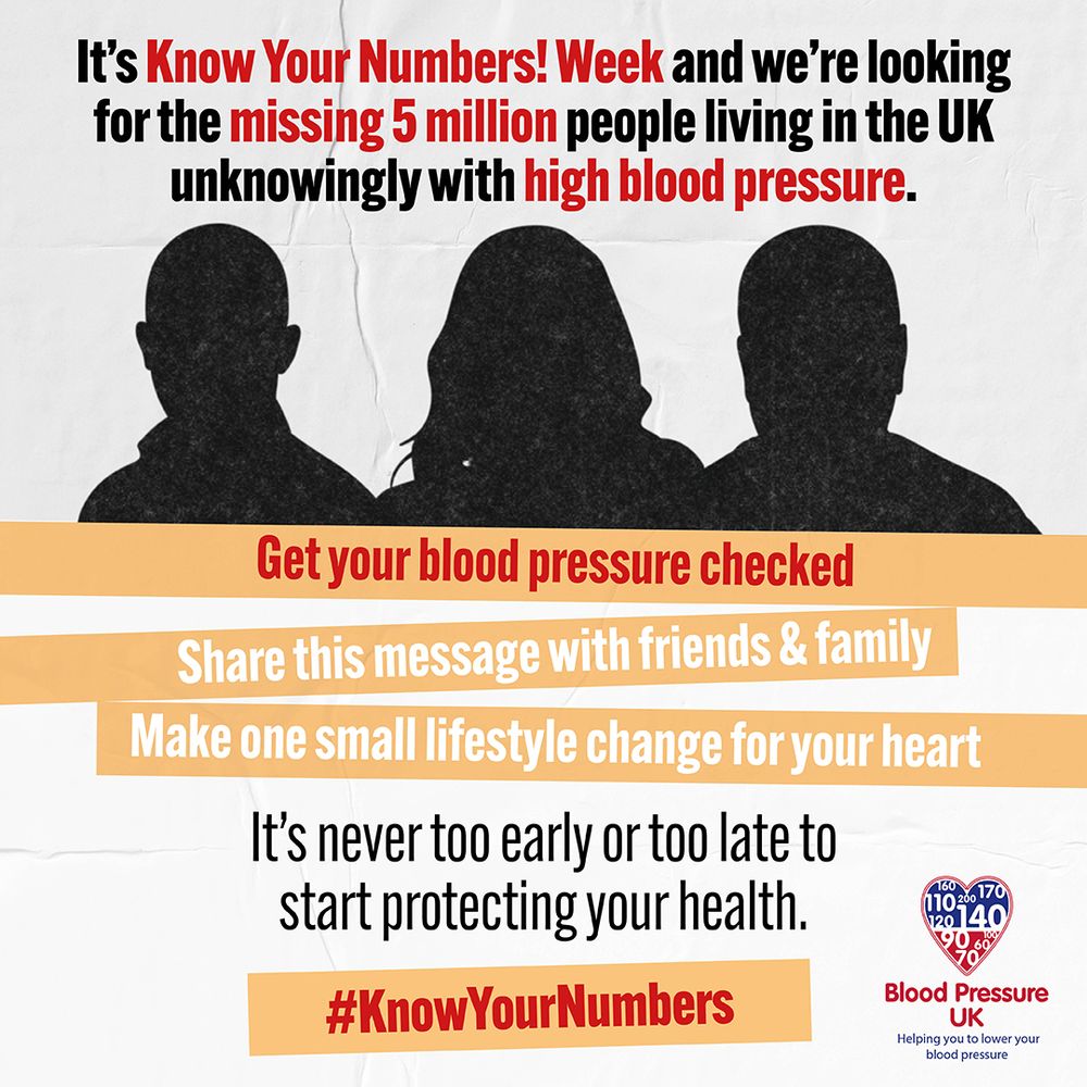 It's Know Your Numbers! Week and we're looking for the missing 5 million people living in the UK unknowingly with high blood pressure.
Get your blood pressure checked.
Share this message with friends & family.
Make one small lifestyle change for your heart.
It's never too early or too late to start protecting your health.