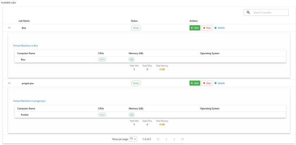 A screenshot showing details about current managed labs