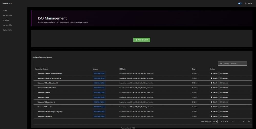 The ISO management screen