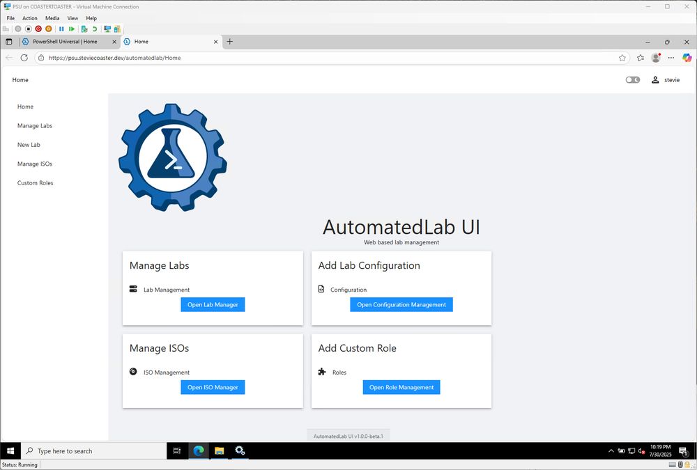 screenshot of the homepage of my PowerShell Universal App : AutomatedLab UI