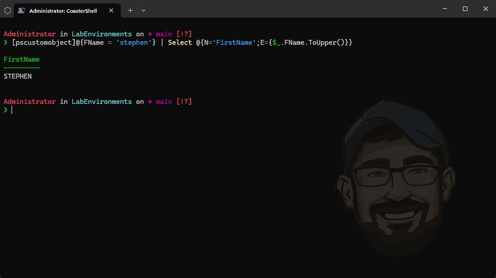 A calculated property is a hashtable  with @{ Name = 'TheNewPropertyName; Expression = { 'This is a scriptblock to transform the data'}. 

The common shorthand for a calculated expression is @{N='Foo';E={'bar'}}

In my code I'm turning the property name FName into FirstName via the Name key, and transforming its value into all uppercase in the expression by calling the .ToUpper() method on the current property name's value!

CODE USED:

[pscustomobject]@{FName = 'stephen'} | Select @{N='FirstName';E={$_.FName.ToUpper()}}

