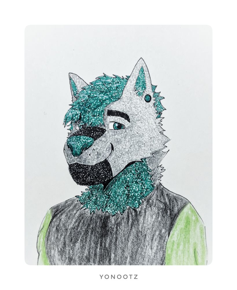 Traditional portrait drawing with an anthropomorphic green wolf with green hair, nouse and eyes.
Birthday gift for my friend Vexxient.