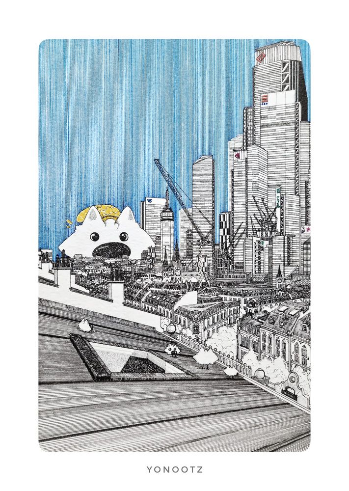 Traditional portrait drawing with a fictional cityscape on a rooftop wiev with 4 "nootz" (little samoied dogs).
In the background, there's a big samoied Nootz sitting in the middle of downtown city. 