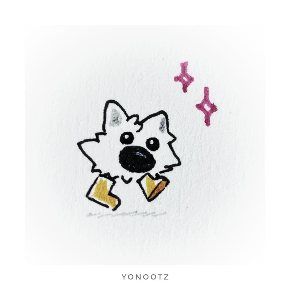Traditional mini portrait drawing with a little samoied dog called "Nootz" wearing rain boots while he's enjoying the rainy weather. 
This piece is called: "Rainy Day's"