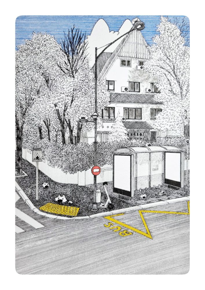 Traditional monochrome portrait drawing with a suburb neighborhood area with a bus station full of small white wolves (nootz) behind is a big old wood house.