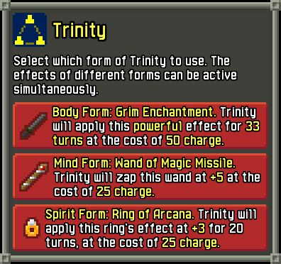 An interface screenshot showing Trinity being used with three different effects imbued into it. There are three large buttons with icons and text that let the player choose which of the three effects to apply. 