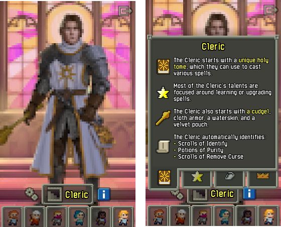 A screenshot from Shattered Pixel Dungeon showing the hero select screen and the Cleric selected. On the left the screen is shown with no info window open, on the right the hero info window is open, showing various information relating to the new hero. Most notably: "The Cleric starts with a unique holy tome, which they can use to cast various spells. Most of the Cleric's talents are focused around learning or upgrading spells."