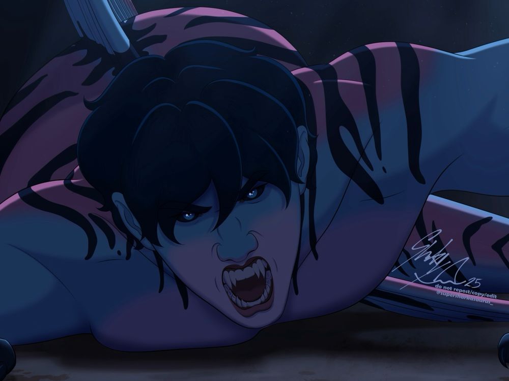 Dark lit zoomed in digital art piece of Merbin crawling dangerously across the floor towards the viewer, fangs out in a deadly snarl