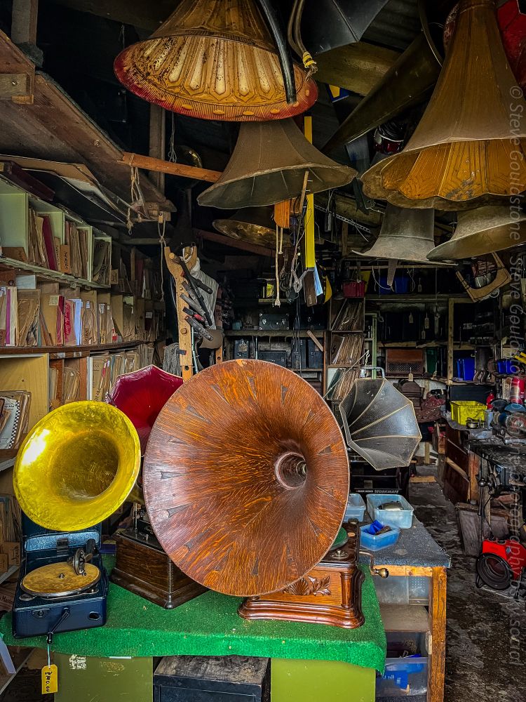Gramophone horns in a workshop. 