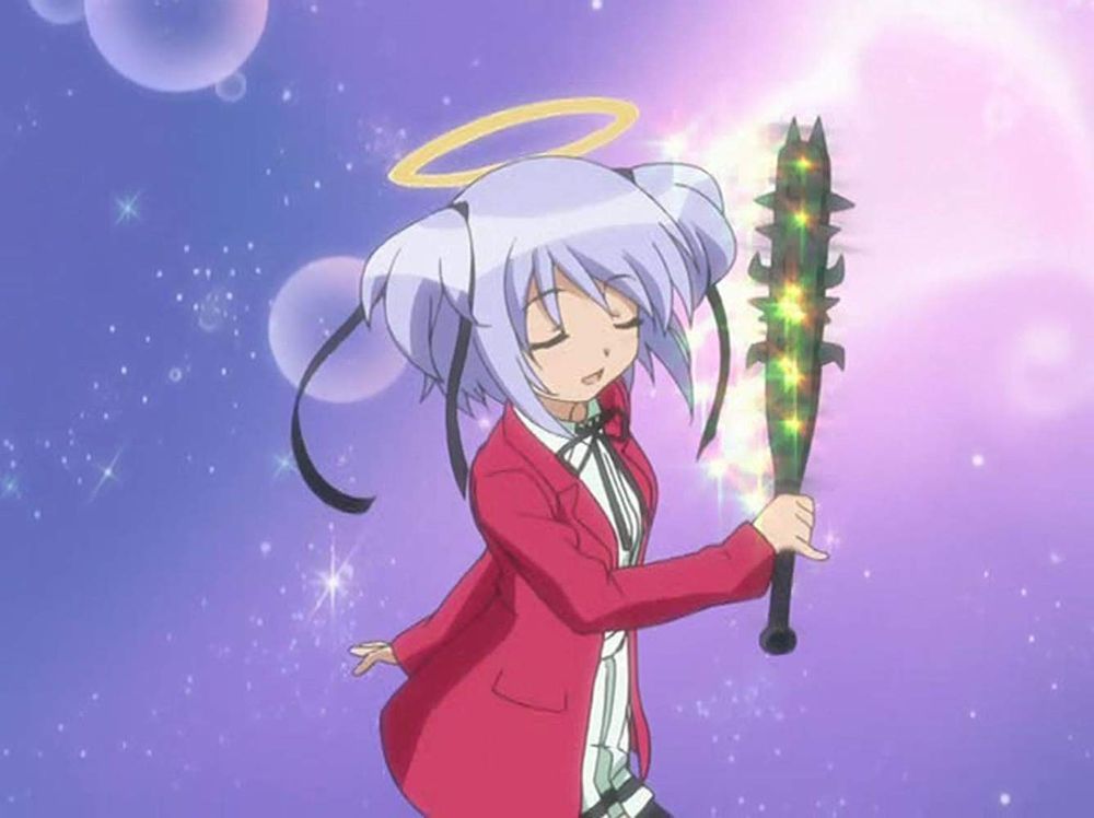 Dokura from Bludgeoning Angel Dokuro-Chan holding her weapon and smiling