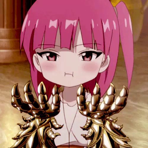 Morgiana from Magi pouting while wearing golden gauntlets (pink haired anime girl with pink eyes)