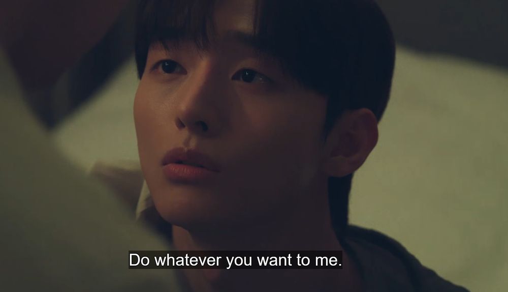 Iljo looking up at Jeonghan saying "do whatever you want to me" (screenshot from Thundercloud Rainstorm episode 2)