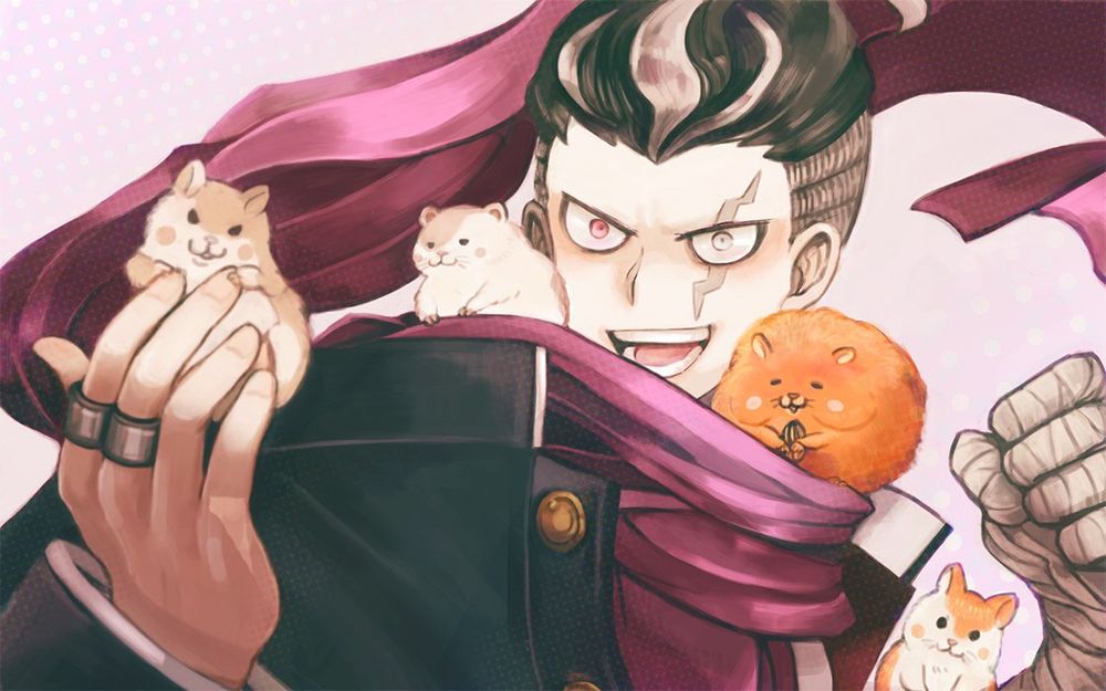Gundam from Dangan Ronpa holding a hampster while other hampsters sit on his shoulders