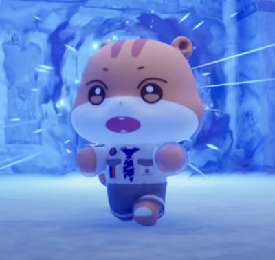 Screenshot from ANITEEZ - SAY MY NAME? video showing Jjoongrami (orange squirrel with white snout and dark orange stripes on his head) wearing a uniform with shorts and a button-down explorer-style shirt. Jjoongrami has a surprised expression on his face