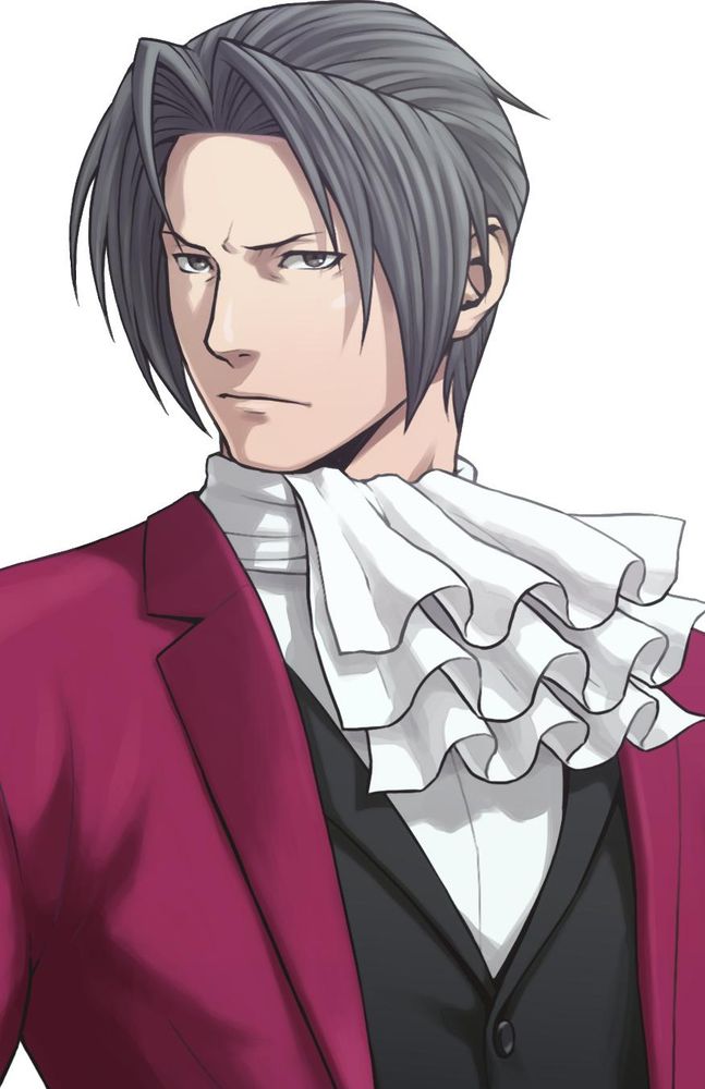 Miles Edgeworth from the Ace Attorney Series (gray haired anime man with a burgundy jacket, waistcoat, and ruffled cravat)