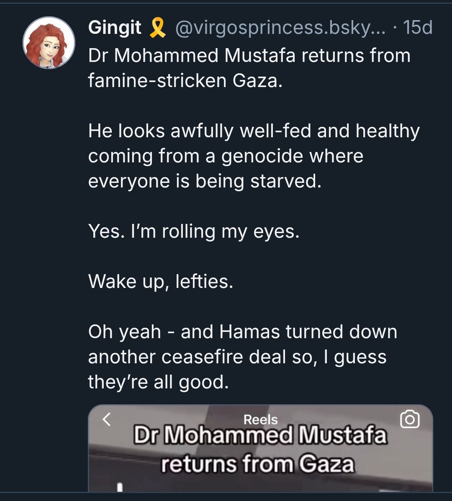 Repulsive and deflamatory post commenting on Dr Mohammed Mustafa's appearance upon returning from Gaza.