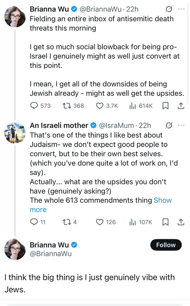 Fielding an entire inbox of antisemitic death threats this morning
I get so much social blowback for being pro-Israel I genuinely might as well just convert at this point.
I mean, I get all of the downsides of being Jewish already - might as well get the upsides. @ 573 17368 O 3.7K I 614K W 1
An Israeli mother @ @IsraMum • 22h ...
That's one of the things I like best about Judaism- we don't expect good people to convert, but to be their own best selves. (which you've done quite a lot of work on, I'd say).
Actually... what are the upsides you don't have (genuinely asking?)
The whole 613 commendments thing Show more
@ 11 t74
O 1261 ill 107k W I.
Brianna Wu & @BriannaWu
Follow
I think the big thing is I just genuinely vibe with JewS.