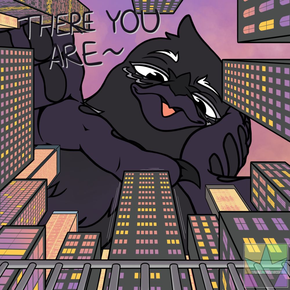 In the sunset sky of a city lies a giant crow looming over head. Offering attention to a single individual as they tease a building beneath a heavy finger~