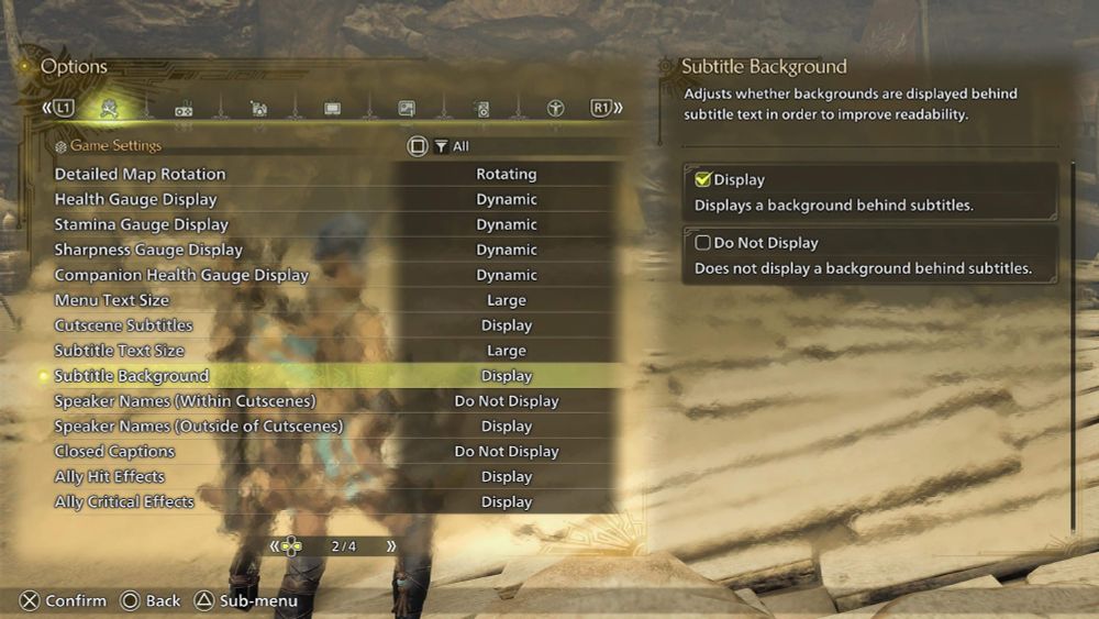 Screenshot from Monster Hunter Wilds showing the 'Subtitle Background' setting in the options menu. 'Display' is selected, with a checkmark, and the description explains it 'Displays a background behind subtitles'.