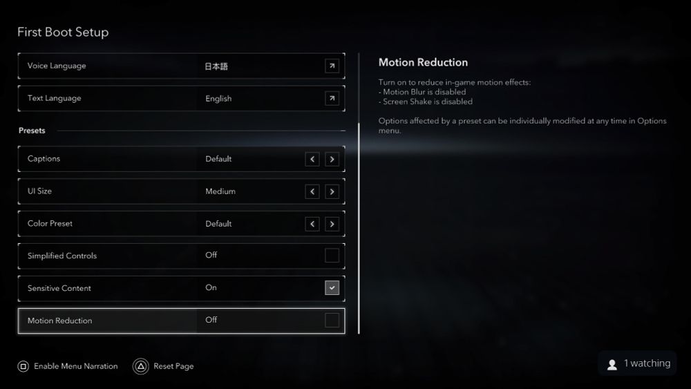 "First Boot Setup" screen showing language settings (Japanese voice, English text) and accessibility options. Key settings include UI Size (Medium), Simplified Controls (Off), Sensitive Content (On), and Motion Reduction (Off). The right panel explains Motion Reduction disables blur and screen shake effects.