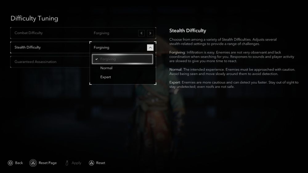 Difficulty tuning menu from Assassin's Creed Shadows showing stealth difficulty options. Three settings are displayed: 'Forgiving' (currently selected), 'Normal', and 'Expert'.