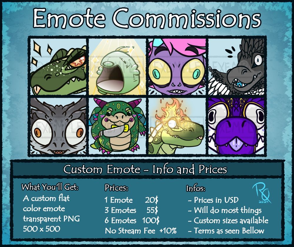 A digitally drawn commission chart depicting various hand drawn emotes, a description of the emote's details, prices per amount and basic infos.