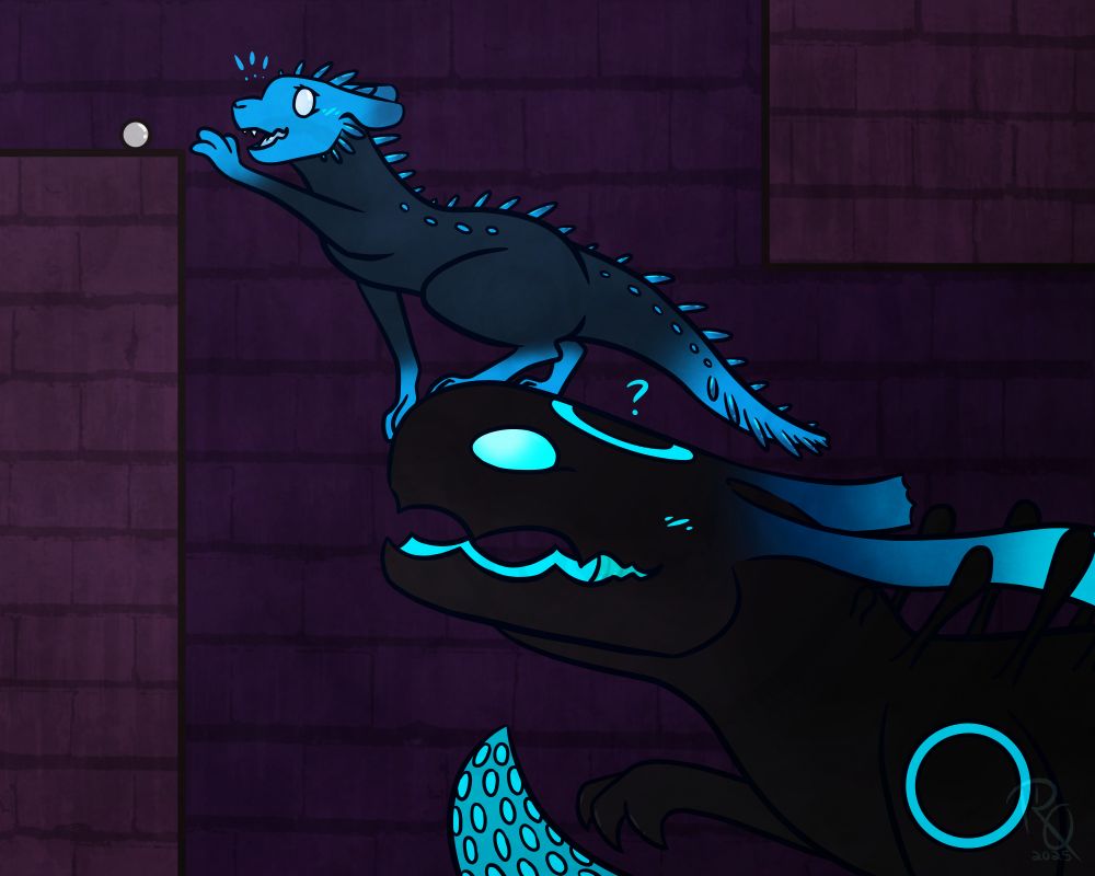 A digitally drawn illustration of The Collector, a slugcat, and Pearl, a lizard, working together to grab a pearl out of reach. Collector stands on Pearl's head, extending a hand towards the shiny stone.