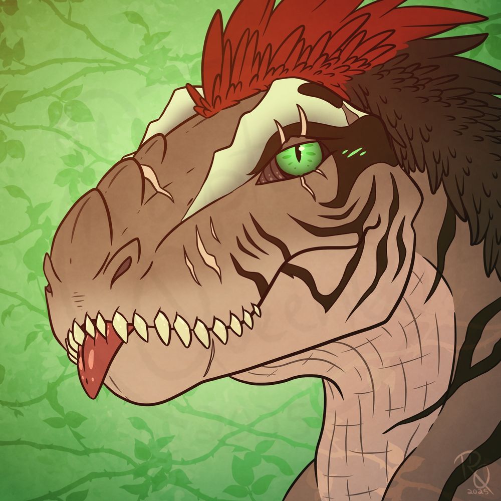 A digitally drawn portrait of GrarrlBrown's t-rex dino form doing a handsome toothy blep.