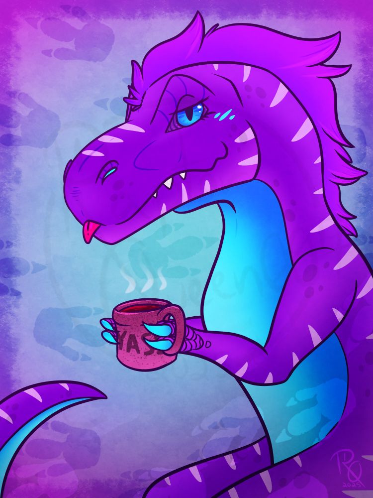 A digitally drawn bust illustration of HayZTee's PNGtuber t-rex model holding a cup of tea with the word "YASS" on the ceramic, blepping.