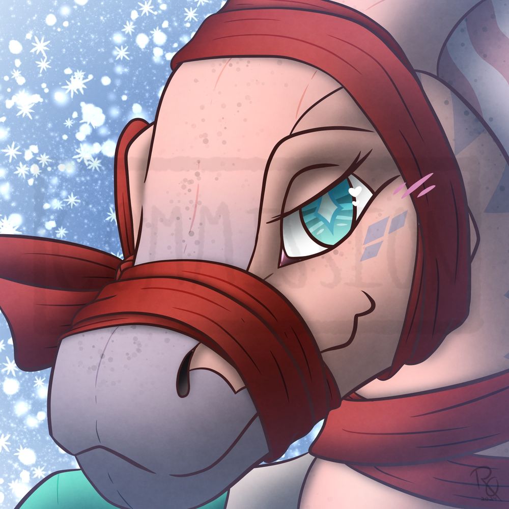 A digitally drawn holiday portrait of PocketParas tangled in ribbons, looking cute.