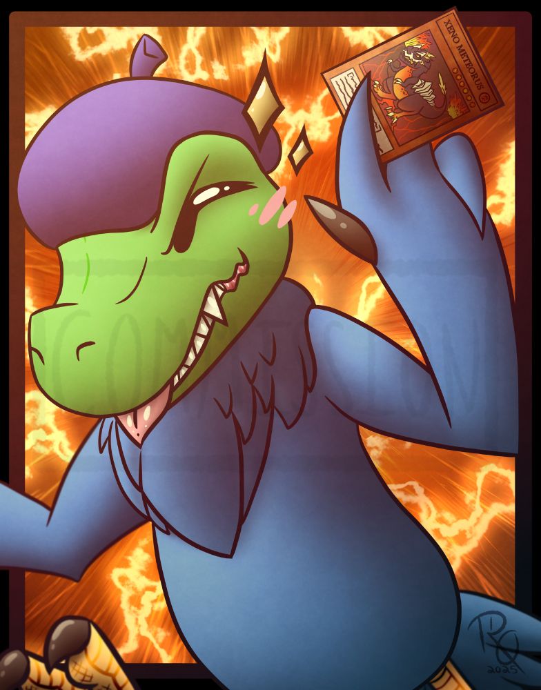 A digitally drawn art raffle prize of PkVortex's dinosaur model holding a Xeno Meteorus Yu Gi Oh card, ready to use it. They grin with confidence and mischief, blepping faintly.