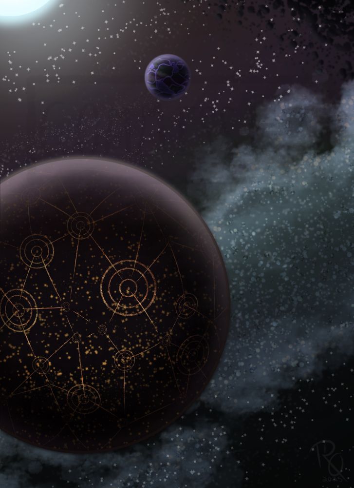 A digitally drawn illustration of Coruscant, its fourth moon and its star, from star wars. It is the same as the previous piece, minus the war, dragons and spaceships. The planet is peaceful and glowing with circles and roads of glowing orange, much like a complex technological web on its surface. Above it floats a purple and green moon with lilac rivers splitting its land masses: its fourth moon. In the upper right corner, an asteroid belt passes through the canvas. Everything is glowing from the light of the blue-white star in the upper left corner. In the background, space is speckles with stars and a bright grey nebula shimmering with stars.