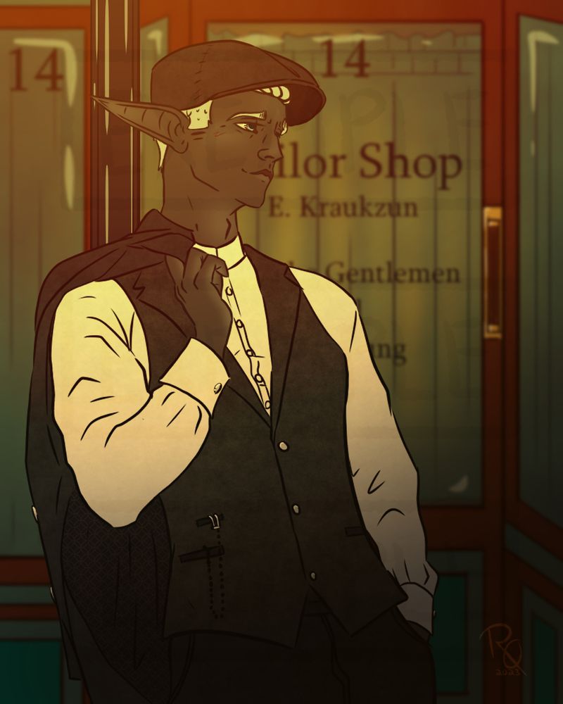 A digital drawn picture of a drow elf named Erich, standing in front of his tailor shop in a nice vest and button up, pants, vest held over his shoulder and black worker hat. This version is fully rendered.