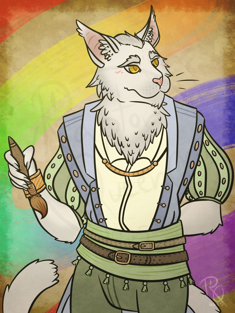 A digitally drawn illustration of a tabaxi bard artist character named Dust. They are holding a paintbrush and looking to the side. The background is parchment with a paint streak that changes in color hues.