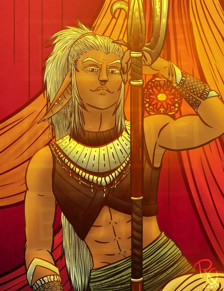 A digitally drawn portrait of an elven air genasi monk and paladin looking intensely at the camera. They are perched onto a very tall halberd, comfortable, in loose monk pants, scarf at the waist with a tight sleeveless top. They bare an impressive amount of jewelry around their neck, their forearms, face and their ears. Their hair is platinum with opalescence and is kept by an opal headpiece into a long ponytail, going as far as their waist. They stand under a warm orange light in a tent of sorts, the walls decorated in rich colorful silks and stained-glassed lanterns. Behind them, a silk-covered low table holds golden wine cups, a stained-glass bowl of fruit and almonds and a low-lit lantern.