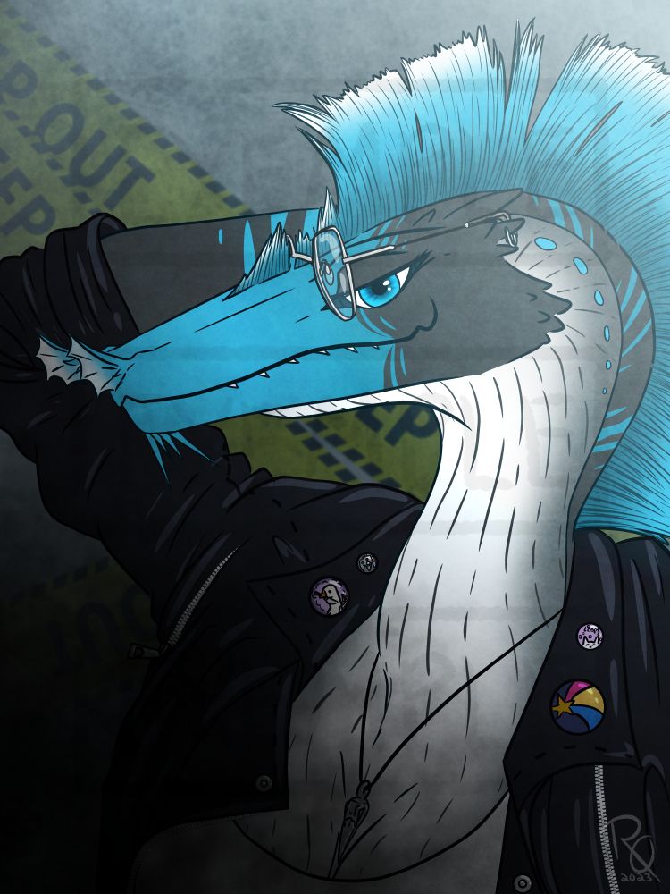 A digital drawing portrait of my OC, Magpie, as an anthro ribbon eel. She wears a crow skull necklace, a decorated leather jacket and a white tanktop, along with a pair of silver glasses.