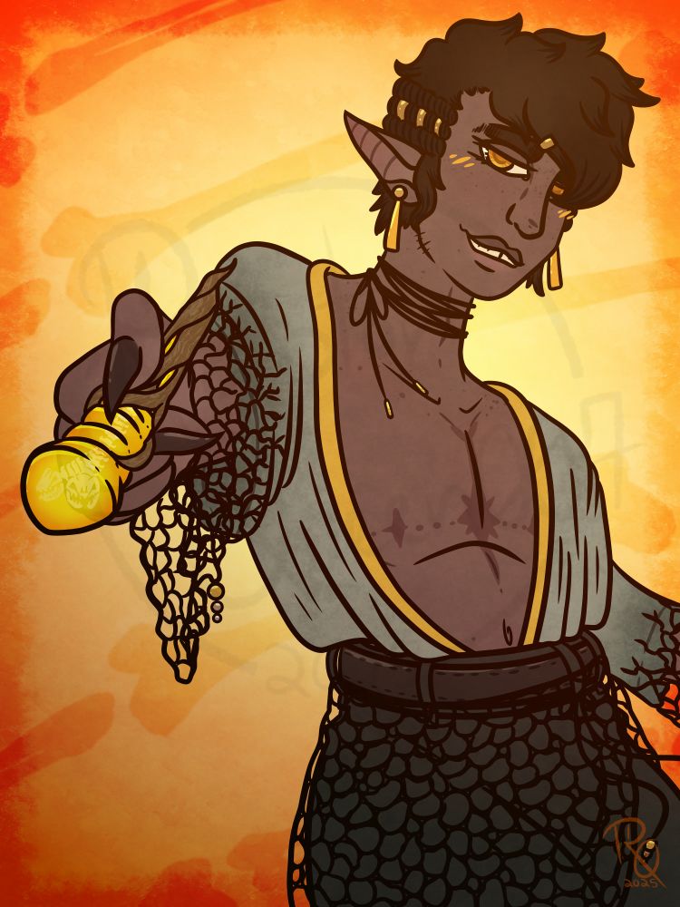 A digitally drawn portrait of Yohan, an androgenous trans masc druid OC, pointing a wand towards you with a proud smirk. The want is tipped with sculpted amber, within it a two headed snake skeleton visible.