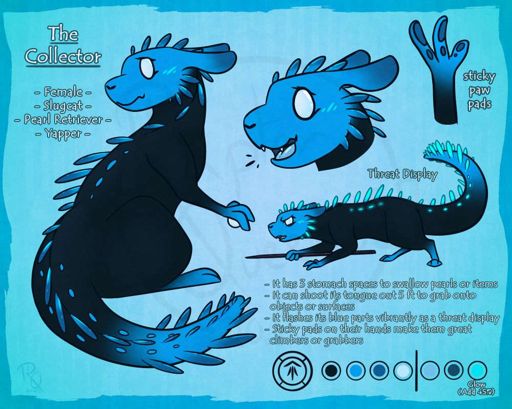 A digitally drawn character reference for a rain world slugcat OC named The Collector. It depicts many poses and angles.