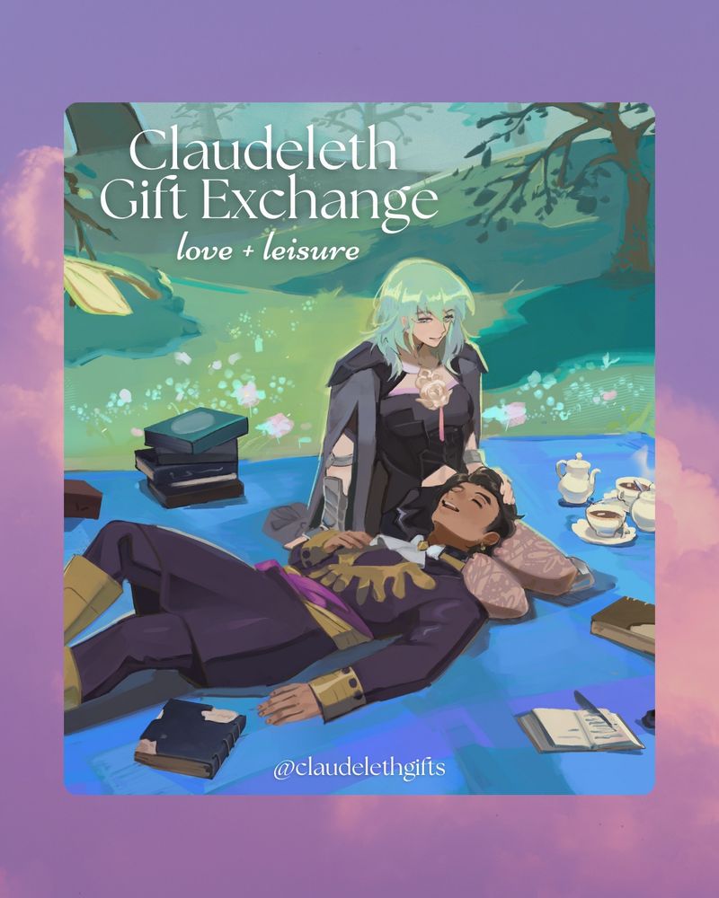 Artwork of Claudeleth relaxing with tea and books on a purple graphic with white clouds