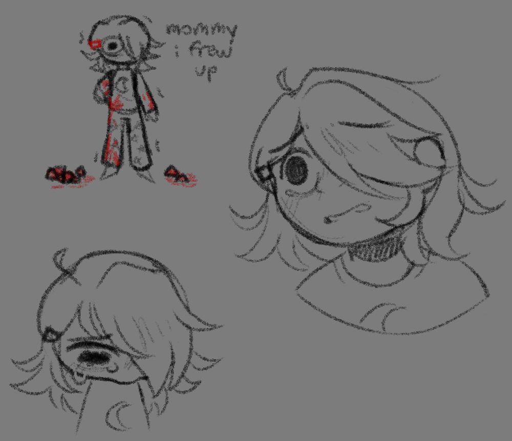 three digital sketches of the main character of "dream hollow". the smallest in the top left depicts the character shaking and covered in strawberry juice, captioned "mommy i threw up". the bottom left is a cartoony drawing of her looking down and crying. the drawing on the right is a more detailed bust sketch of the character looking slightly distressed.