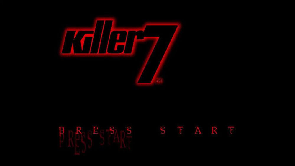A cover screen for Killer7 showing a black screen with red font