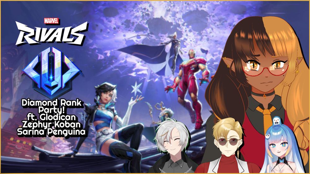 The Marvel Rivals promotional posted ft. Luna Snow, Storm, Iron Man, Loki, and Spider-Man. Edited text on top shows the Diamond Rank icon with the text "Diamond Rank Party! Featuring Glodican, Zephyr Koban, Sarina Penguina". The 3 vtubers are pictured below, along with Rika Readman