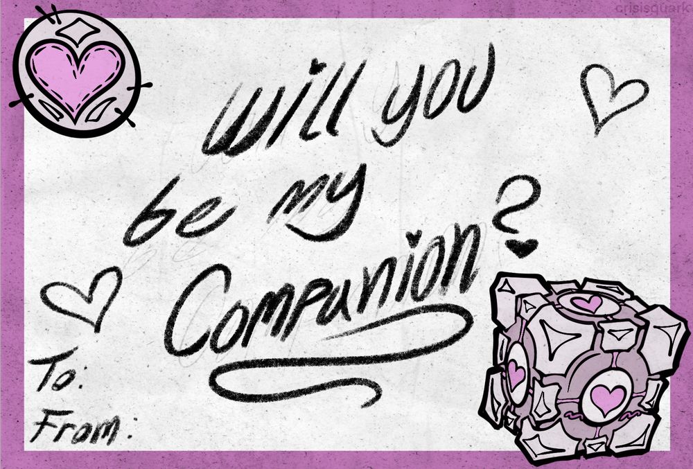 A Valentines card displaying A stitched punk heart(top left) and a Companion Cube (bottom right). It reads, “Will you be my companion?”