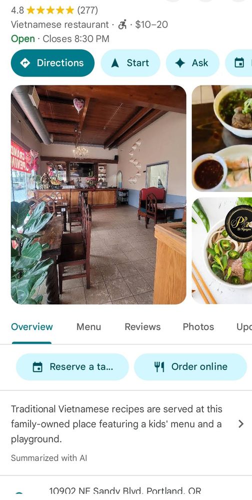 Screenshot from Google maps for a restaurant with AI summary stating "traditional Vietnamese recipes are served ... featuring a kids' menu and a playground "